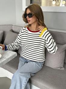 EURMUSE Women Stripe Pattern Round Neck Drop Shoulder Pullover - Multicolor - View 6