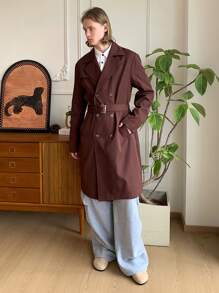 Manfinity VCAY 男士梭织休闲日常宽松轻便长款风衣，纯色，年轻风格，适合秋冬 - 巧克力棕 - 查看 4