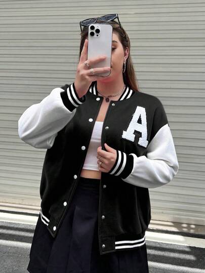 Sunspun 大码彩色块字母贴片棒球夹克，秋冬季休闲款