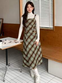 DAZY Váy midi in họa tiết kẻ caro thường ngày cho nữ, Thu/Đông - Nhiều màu - Xem 3
