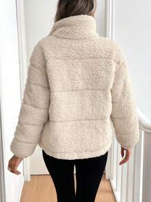 SHEIN Frenchy Áo khoác nữ có túi khóa kéo màu trơn, tay dài mùa đông - Màu be - Xem 2