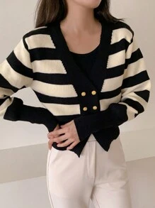 DAZY Cárdigan de mujer elegante con contraste de color, parches y rayas, dobladillo doble, ropa de otoño