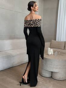 Firerie 1 pieza Vestido elegante de mujer con estampado de leopardo, manga de campana y hombros descubiertos