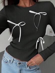 Aloruh Crew Neck Long Sleeve Basic Tee With Bow Ribbon Decor, For Autumn/Winter