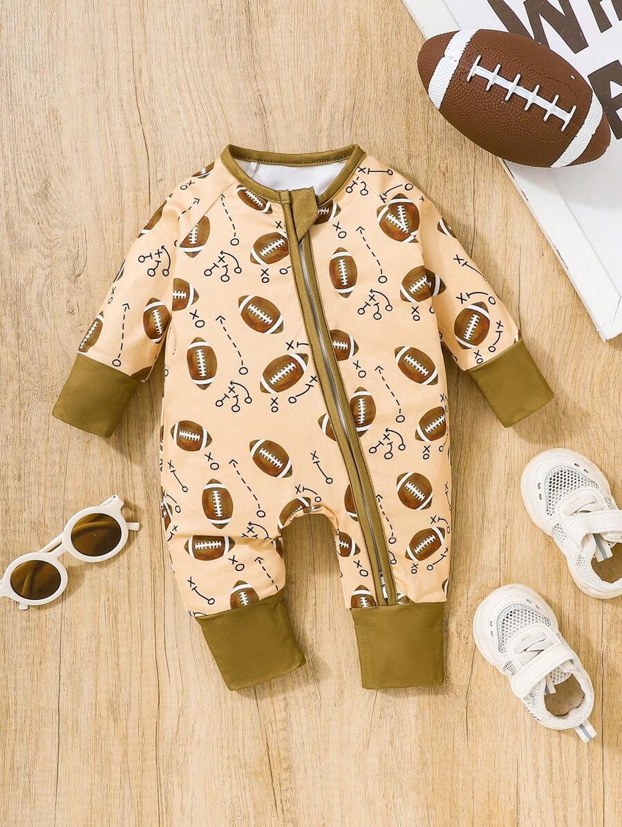 1pc Baby Boys' Long Sleeve Ball Pattern Zipper Romper - Multicolor - View 1