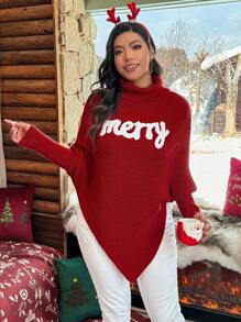 Calvaya 大码字母印花不对称下摆高领长袖毛衣