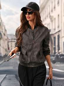 Chiquease Women's Casual PU Baseball Jacket, Spring & Autumn Fall Cloth For Women - Grey - View 4