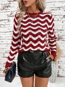 SHEIN Clasi 女式不对称黑白条纹修身基本款套头衫 - 紅白色 - 查看 5