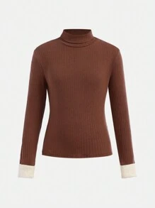 paquete múltiple de tops térmicos de cuello alto acanalados con contraste de color para niñas preadolescentes
