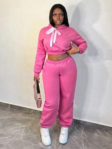 BamGleam 女士休闲日常抽绳连帽运动衫和运动裤套装，秋季 - 粉色 - 查看 3