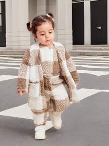 Babygirl 可爱温暖毛绒格子中长款夹克和长裤三件套，秋冬 - 彩色 - 查看 1