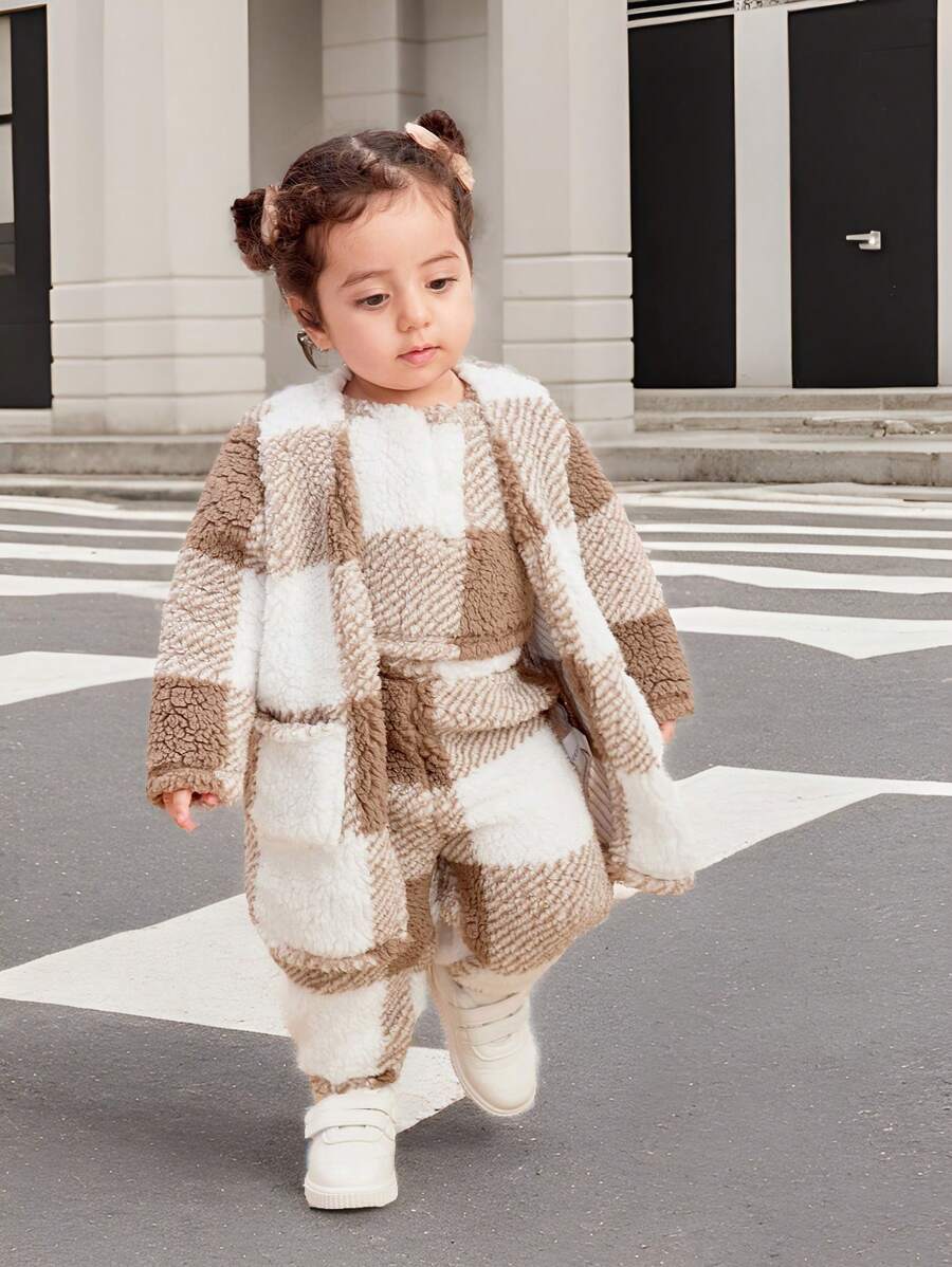 Babygirl 可爱温暖毛绒格子中长款夹克和长裤三件套，秋冬 - 彩色 - 查看 1