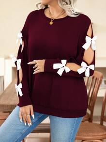 SHEIN Clasi 大码圆领时尚蝴蝶结装饰镂空长袖休闲套头卫衣秋冬款 - 酒紅色 - 查看 4