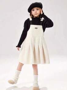 2pcs/Set Young Girl' Cute Black Blouse & White Pleated Skirt, Casual Outfit