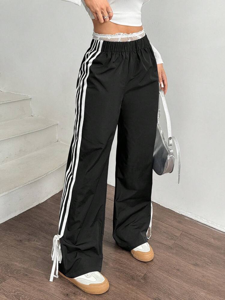 SHEIN EZwear Pantalones de mujer con cintura elástica, contraste blanco en los lados - Negro - Añade 1