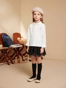 PrepCrw 年轻女孩卡通贴花前扣彼得潘领长袖衬衫 - 白色 - 查看 1