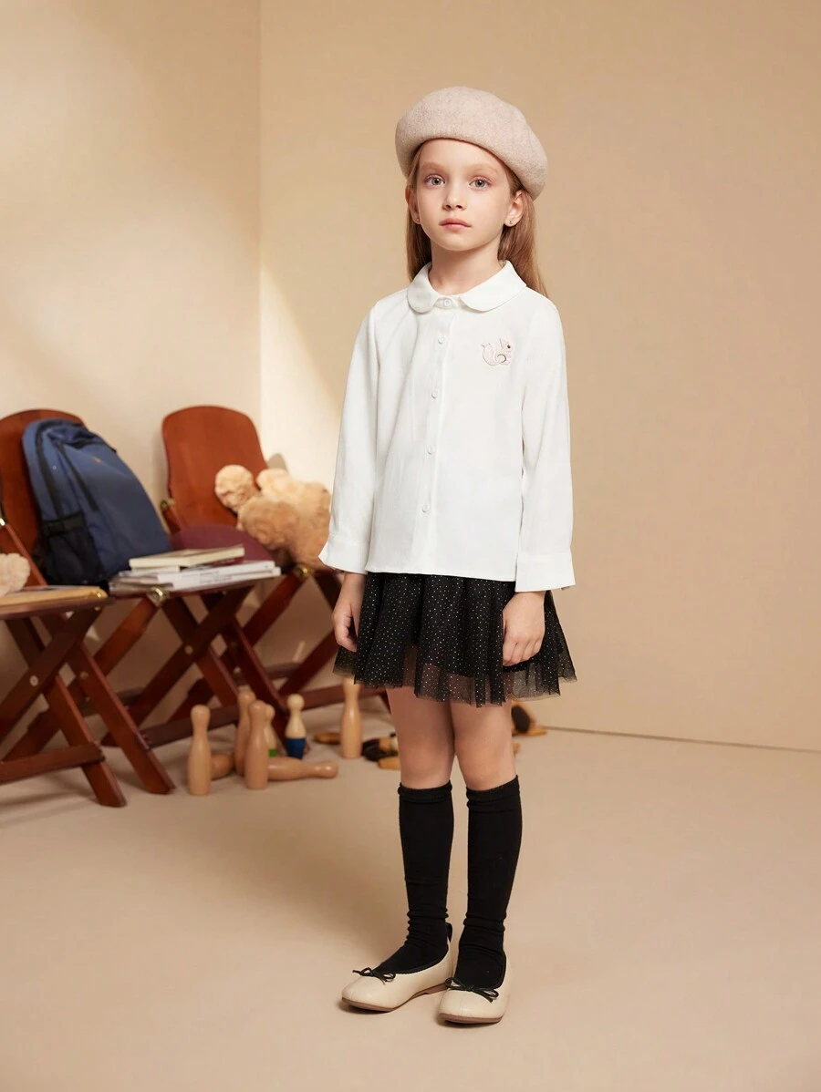 PrepCrw 年轻女孩卡通贴花前扣彼得潘领长袖衬衫 - 白色 - 查看 1