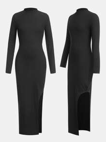 青少年女孩长款针织连衣裙，侧开衩连衣裙，百搭休闲分层时尚百搭春秋冬连衣裙