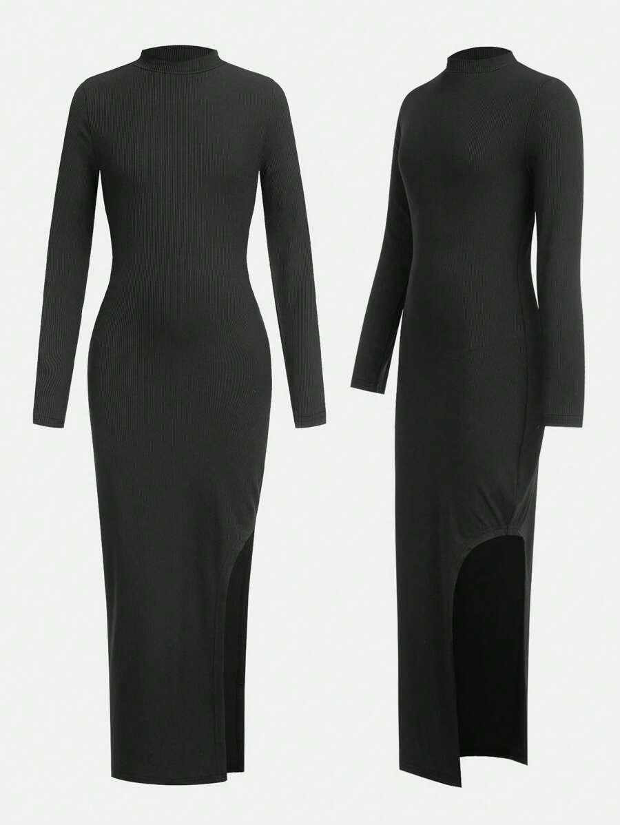 青少年女孩长款针织连衣裙，侧开衩连衣裙，百搭休闲分层时尚百搭春秋冬连衣裙