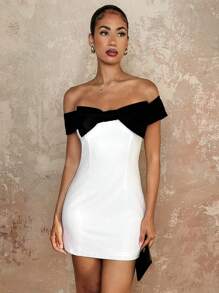 SHEIN BAE Dames Color Block Off Shoulder Bow Decor A-lijn Mini Partyjurk, Geschikt voor bijeenkomsten, avondje uit, feest, date