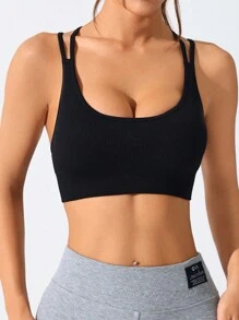 SHEIN Sports Regata Esportiva Cropped Preta Sem Costura Simples - Preto - Visão 3
