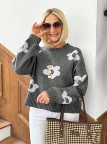 SHEIN LUNE Women Casual Floral Jacquard Knitted Sweater, Autumn/Winter - Grey - View 3