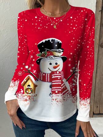 INAWLY Weihnachts-Schneemann-Muster Slim Fit Lässig Rundhals Langarm T-Shirt, geeignet für Frühling/Herbst für Neujahrskleider Grafikshirts Damenshirts für Frühlingsoutfits