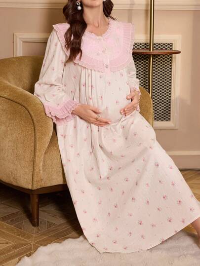 Moonlight&Mama Maternity Sleepdress With Contrast Lace, 3D Floral Decoration, Loose Print Design