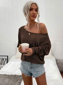 SHEIN LUNE 休闲纯色蝙蝠袖圆领 T 恤，秋季 - 棕色 - 查看 4