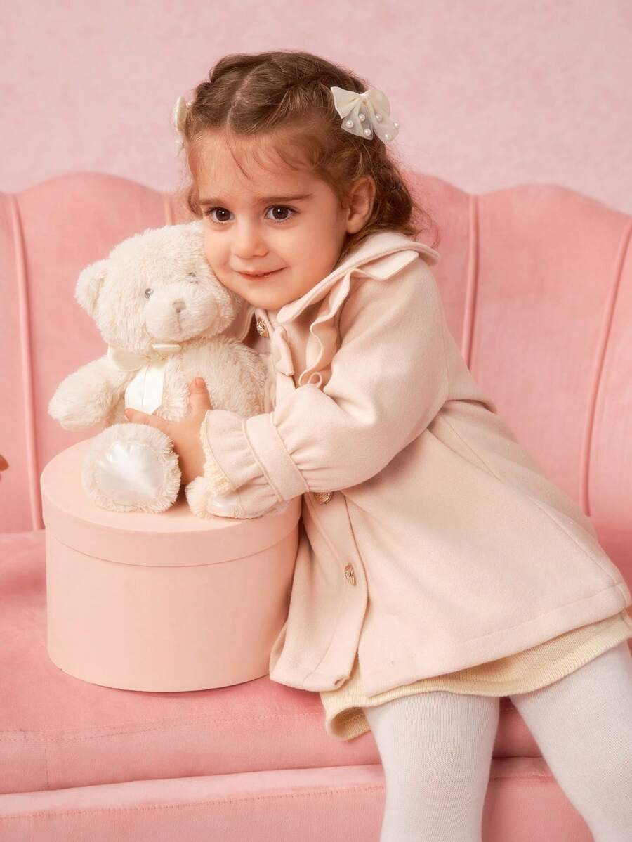 SHEIN Baby Girls' Stand Collar Bowknot Decor Long Woolen Coat For Formal Occasions In Fall And Winter - Apricot - View 1