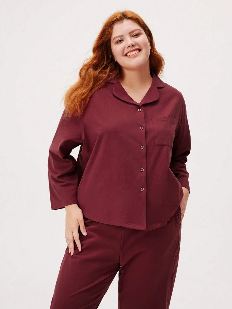 Pyjamas de Noël et du Nouvel An grande taille Rouge et Bordeaux Ensemble de pyjama en coton brossé doux de base Ensemble de détente pour femmes Vêtements de pyjama d'automne