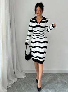 Elenzga فستان كنزة بأكمام طويلة مريح للاستخدام اليومي ذو طباعة مخطط - الأسود - مشاهدة 5