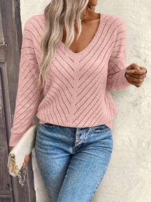 EMERY ROSE Women's Loose Casual Hollow Out Geometric Textured V-Neck Sweater Knit Pullover Fall Winter Outfit - Pink - View 6