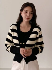 DAZY Cárdigan de mujer elegante con contraste de color, parches y rayas, dobladillo doble, ropa de otoño