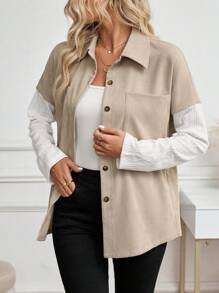 Chiquease Detachable Knit Patterned Corduroy Loose Shirt - Multicolor - View 5