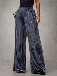 SHEIN BAE بنطلون رمادي نسائي طويل للموضة العصرية، متنوع الاستخدام من اليومي إلى السهرات، بقصة مستقيمة مريحة بخصر مرن ومطوي من القطيفة اللامعة - الأسود - مشاهدة 5