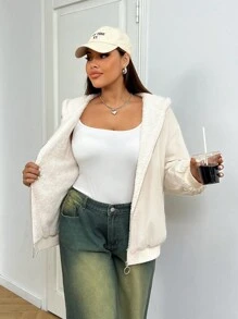 SHEIN EZwear Áo khoác có mũ trùm đầu lót nhiệt dày màu mơ cỡ lớn cho nữ, dành cho mùa thu/đông - Màu be - Xem 7