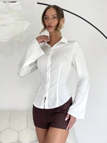 Lumivelle 1pc Solid Color Casual Front Button Elegant Long Flared Sleeves Shirt White Shirt Womenoffice Blouseformal Blousewhite Shirt For Women Fall Cloth For Women