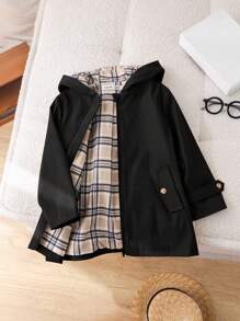 SHEIN 1 pieza Abrigo impermeable a cuadros de manga larga, capucha y diseño casual y lindo para niños, apropiado para la escuela, viajes, otoño/invierno