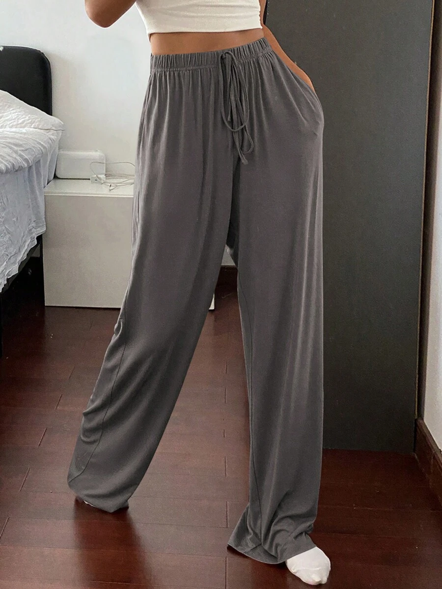 Livesso Minimalist Relaxed Draping Loose Straight Leg House Pants, For Fall Pajama, Winter - Dark Grey - View 1