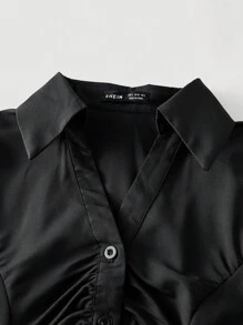 SHEIN MOD White Pleated Front Long Sleeve Fitted Ladies Blouse,Business Casual Women,90s Outfit,Fall Clothing, Clothes,Business Casual Women,Back To School,Women Blouses,Going Out Tops,Long Sleeve Shirt,Work Women Blouses, - Black - View 3