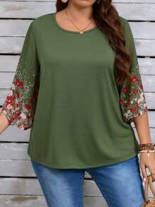 EMERY ROSE Damen Große Größen Bluse mit Blume Muster und 3/4 Ärmeln, lässig und locker für den Herbst