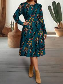 EMERY ROSE Lässiges marineblau gemustertes Kleid mit Schlankheitsmuster und Rundhalsausschnitt in Langarmform in Große Größen, geeignet für Herbst und Winter