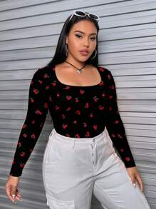 SHEIN EZwear Casual Minimalist Full Print Cherry Pattern Plus Size Women Tight-Fitting T-Shirt, Spring/Autumn