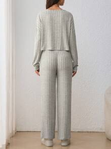 SHEIN 2pcs Maternity Casual Set: Round Neck Long Sleeve T-Shirt & Adjustable Drawstring Waist Bow Tie Wide Leg Pants, Pregnancy Outfit