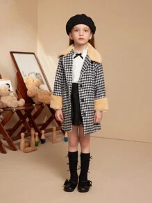 PrepCrw Young Girls Houndstooth Print Pocket Front Button Elegant Winter Long Sleeve Coat