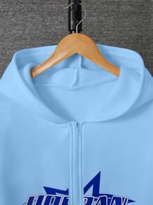 青少年男孩休闲日常字母和星星印花拉链连帽衫，秋季