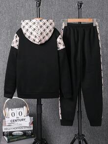 Tween Boys 2 件/套学院风拼接全身图案廉价服装，适合 T 恤、万圣节、秋季衬衫、返校、男孩夹克、男孩慢跑裤、长袖 T 恤、男孩牛仔裤、通勤、休闲、学院、运动、适合秋冬季 - 黑色 - 查看 2