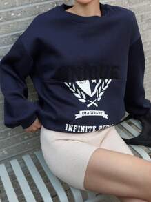 DAZY Grafik Buchstaben Muster Loose Fit Crew Neck Hoodie mit Langen Ärmeln für Frauen, Herbst Damen Kleidung Sweatshirt - marineblau - Übersicht 5