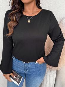 SHEIN Frenchy Camiseta negra casual de talla grande con aplicación de encaje de mariposa y mangas acampanadas - Negro - Ver 5